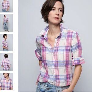 Frank & Eileen Barry Top Blue Pink Plaid Button Up Linen Blend Size XS